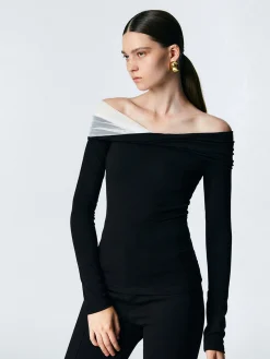 Asymmetric Off Shoulder Long Sleeve Mesh Top T-shirts|Tops