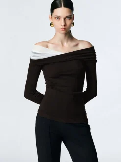 Asymmetric Off Shoulder Long Sleeve Mesh Top T-shirts|Tops