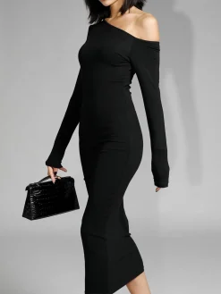 Clearance Asymmetric Off Shoulder Long Sleeve Midi Dress Black Dresses|Sweater Dresses