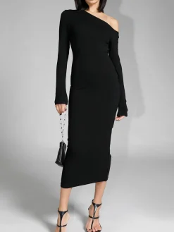 Clearance Asymmetric Off Shoulder Long Sleeve Midi Dress Black Dresses|Sweater Dresses