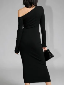 Clearance Asymmetric Off Shoulder Long Sleeve Midi Dress Black Dresses|Sweater Dresses