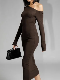 Clearance Asymmetric Off Shoulder Long Sleeve Midi Dress Black Dresses|Sweater Dresses