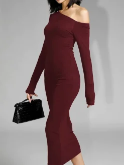 Clearance Asymmetric Off Shoulder Long Sleeve Midi Dress Black Dresses|Sweater Dresses