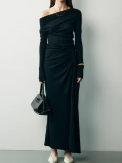 Hot Asymmetric Off Shoulder Ruched Two Piece Skirt Set Skirt Sets|Long Sleeve Sets