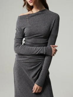 Hot Asymmetric Off Shoulder Ruched Two Piece Skirt Set Skirt Sets|Long Sleeve Sets