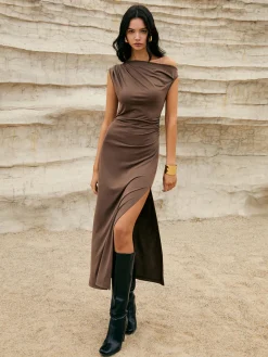 Sale Asymmetric One-Shoulder Split Knit Long Dress Casual Dresses|Work Dresses
