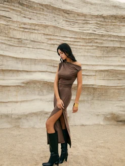 Sale Asymmetric One-Shoulder Split Knit Long Dress Casual Dresses|Work Dresses
