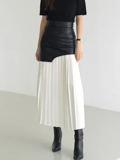 Discount Asymmetric Patchwork Faux Leather Chiffon Pleated Midi Skirt Skirts|Bottoms