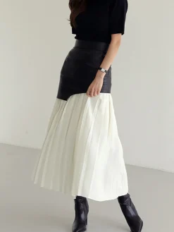 Discount Asymmetric Patchwork Faux Leather Chiffon Pleated Midi Skirt Skirts|Bottoms