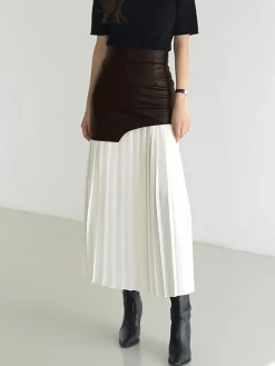 Discount Asymmetric Patchwork Faux Leather Chiffon Pleated Midi Skirt Skirts|Bottoms