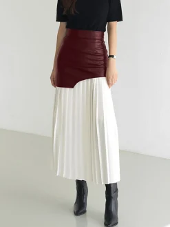 Discount Asymmetric Patchwork Faux Leather Chiffon Pleated Midi Skirt Skirts|Bottoms