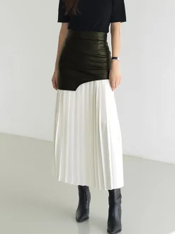 Discount Asymmetric Patchwork Faux Leather Chiffon Pleated Midi Skirt Skirts|Bottoms