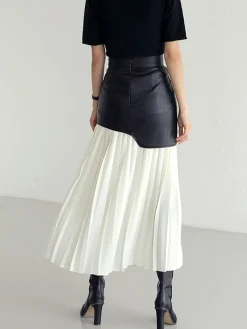 Discount Asymmetric Patchwork Faux Leather Chiffon Pleated Midi Skirt Skirts|Bottoms