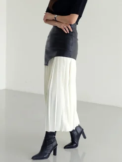 Discount Asymmetric Patchwork Faux Leather Chiffon Pleated Midi Skirt Skirts|Bottoms
