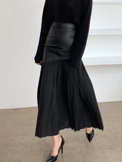 Discount Asymmetric Patchwork Faux Leather Chiffon Pleated Midi Skirt Skirts|Bottoms