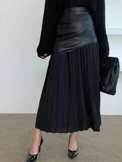 Discount Asymmetric Patchwork Faux Leather Chiffon Pleated Midi Skirt Skirts|Bottoms