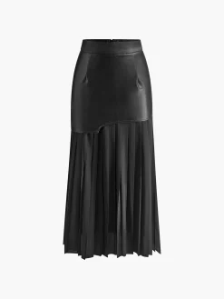 Discount Asymmetric Patchwork Faux Leather Chiffon Pleated Midi Skirt Skirts|Bottoms
