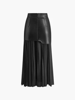 Discount Asymmetric Patchwork Faux Leather Chiffon Pleated Midi Skirt Skirts|Bottoms