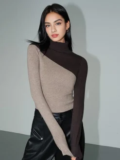 Sale Asymmetric Patchwork Long Sleeve Mock Neck Knit Top Sweater Tops|Sweaters & Cardigans