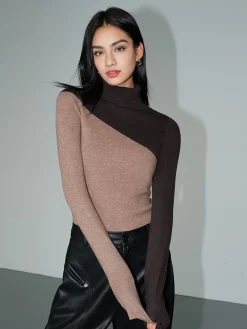Sale Asymmetric Patchwork Long Sleeve Mock Neck Knit Top Sweater Tops|Sweaters & Cardigans