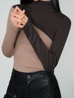 Sale Asymmetric Patchwork Long Sleeve Mock Neck Knit Top Sweater Tops|Sweaters & Cardigans