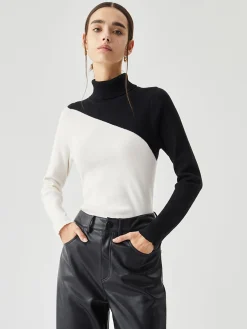 Sale Asymmetric Patchwork Long Sleeve Mock Neck Knit Top Sweater Tops|Sweaters & Cardigans