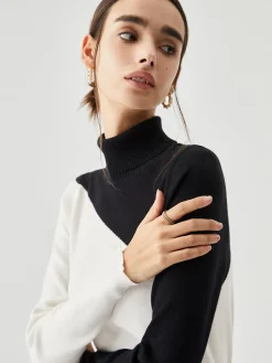 Sale Asymmetric Patchwork Long Sleeve Mock Neck Knit Top Sweater Tops|Sweaters & Cardigans
