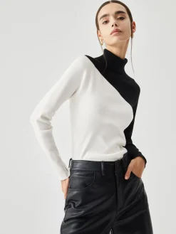 Sale Asymmetric Patchwork Long Sleeve Mock Neck Knit Top Sweater Tops|Sweaters & Cardigans