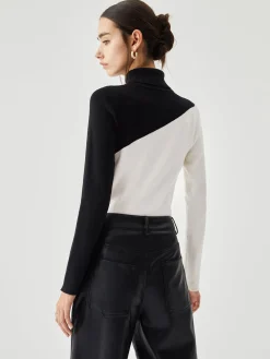 Sale Asymmetric Patchwork Long Sleeve Mock Neck Knit Top Sweater Tops|Sweaters & Cardigans