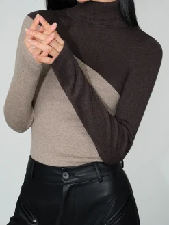 Sale Asymmetric Patchwork Long Sleeve Mock Neck Knit Top Sweater Tops|Sweaters & Cardigans