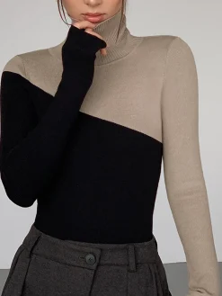 Sale Asymmetric Patchwork Long Sleeve Mock Neck Knit Top Sweater Tops|Sweaters & Cardigans