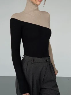 Sale Asymmetric Patchwork Long Sleeve Mock Neck Knit Top Sweater Tops|Sweaters & Cardigans