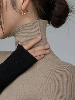 Sale Asymmetric Patchwork Long Sleeve Mock Neck Knit Top Sweater Tops|Sweaters & Cardigans