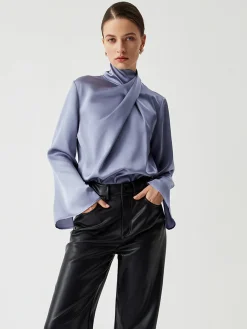 Online Asymmetric Pleated Turtleneck Satin Shirt Blouses & Shirts|Tops