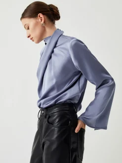 Online Asymmetric Pleated Turtleneck Satin Shirt Blouses & Shirts|Tops