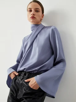 Online Asymmetric Pleated Turtleneck Satin Shirt Blouses & Shirts|Tops