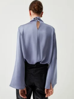 Online Asymmetric Pleated Turtleneck Satin Shirt Blouses & Shirts|Tops