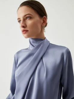 Online Asymmetric Pleated Turtleneck Satin Shirt Blouses & Shirts|Tops