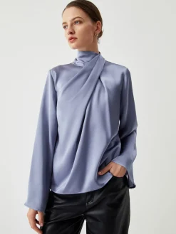 Online Asymmetric Pleated Turtleneck Satin Shirt Blouses & Shirts|Tops