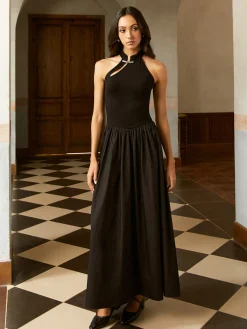 Discount Asymmetric Pockets Cold Shoulder Pleated Long Dress Black Dresses|Casual Dresses