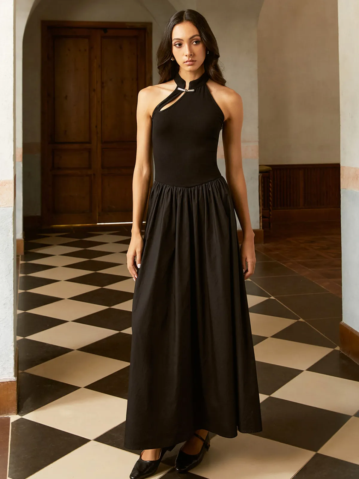 Discount Asymmetric Pockets Cold Shoulder Pleated Long Dress Black Dresses|Casual Dresses
