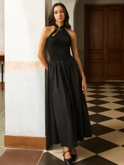 Discount Asymmetric Pockets Cold Shoulder Pleated Long Dress Black Dresses|Casual Dresses