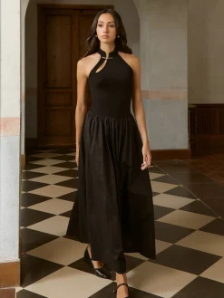 Discount Asymmetric Pockets Cold Shoulder Pleated Long Dress Black Dresses|Casual Dresses
