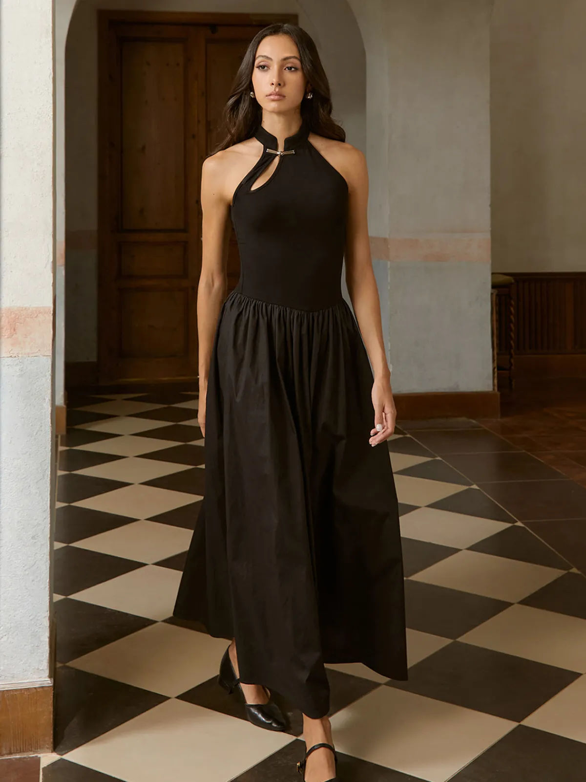 Discount Asymmetric Pockets Cold Shoulder Pleated Long Dress Black Dresses|Casual Dresses
