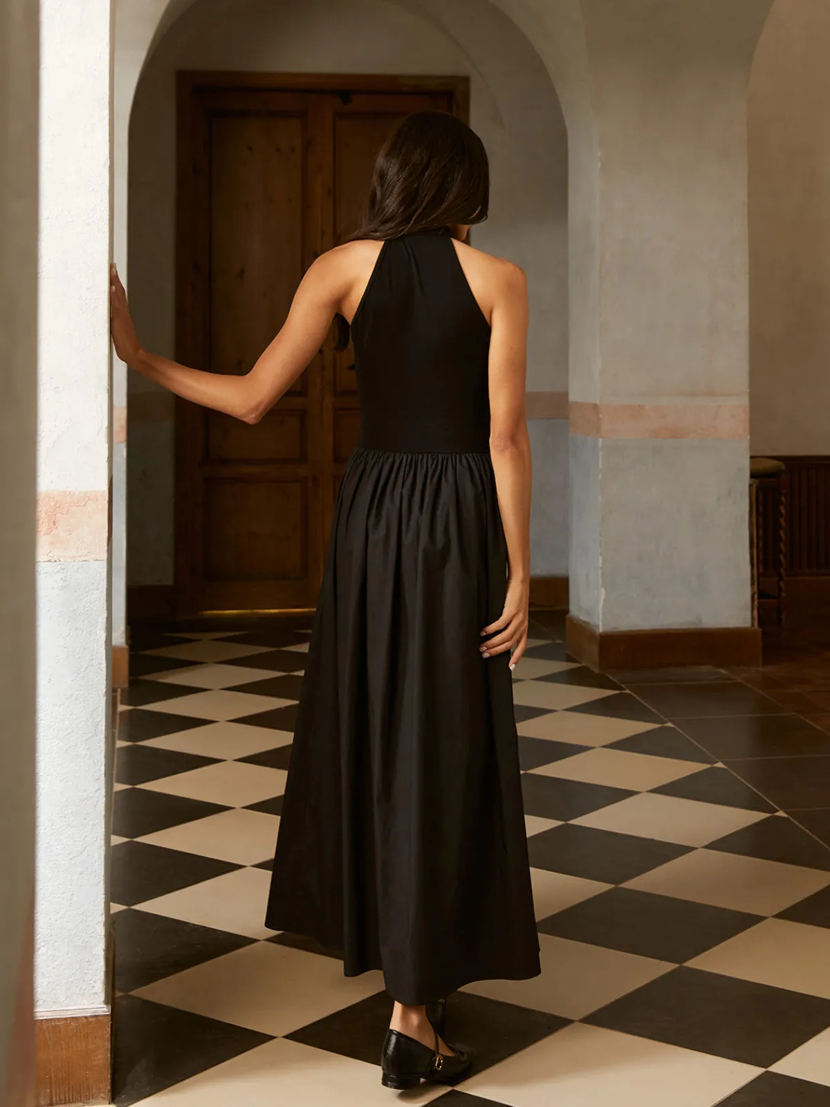 Discount Asymmetric Pockets Cold Shoulder Pleated Long Dress Black Dresses|Casual Dresses