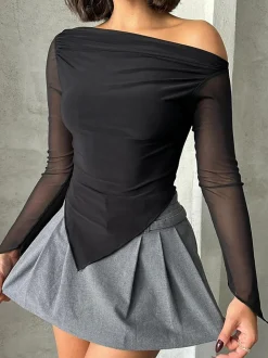 Online Asymmetric Ruched Semi-Sheer Blouse Blouses & Shirts|Tops