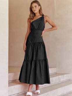 Discount Asymmetric Shoulder Knotted Midi Dress Black Dresses|Casual Dresses
