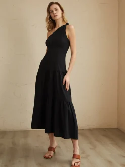 Discount Asymmetric Shoulder Knotted Midi Dress Black Dresses|Casual Dresses