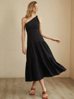 Discount Asymmetric Shoulder Knotted Midi Dress Black Dresses|Casual Dresses