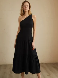 Discount Asymmetric Shoulder Knotted Midi Dress Black Dresses|Casual Dresses